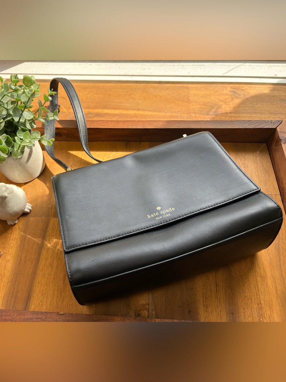 kate spade Black Leather Shoulder Satchel with Gold Logo
